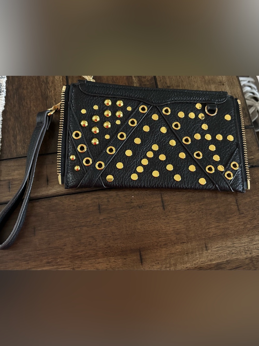 Rebecca Minkoff Black Leather Studded Wristlet with Gold Accents